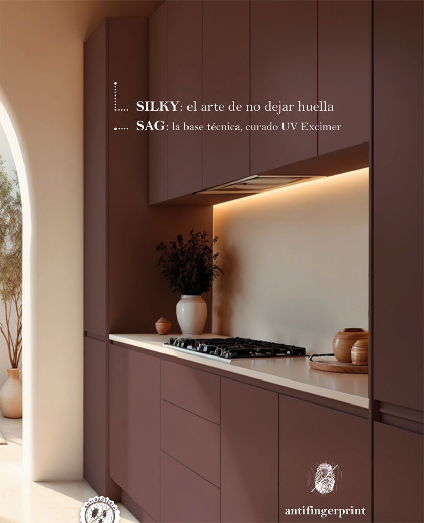 Cocina con frentes de mobiliario asociados al acabado Silky de Lamidecor