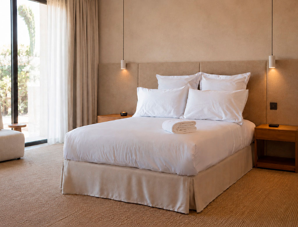 Ropa de cama blanca en dormitorio de alojamiento turístico